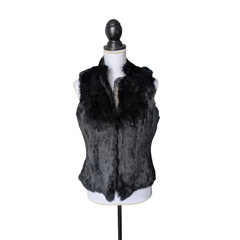 Black Rabbit Fur Sleeveless Vest Reversible Gray Chambray Embroidered Western